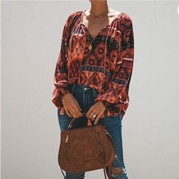 Boho Floral Print Balloon Sleeve Blouse - Picture 2 of 5